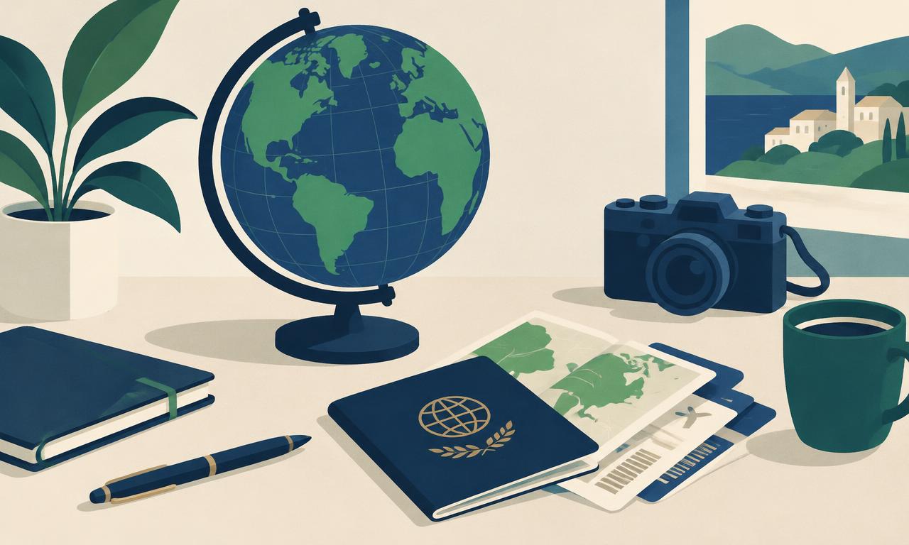 Illustration of a desk with a globe and documents